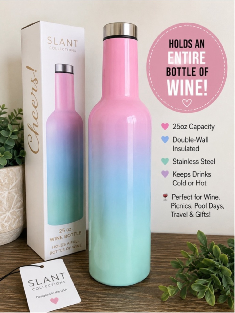 Slant Collections 25oz Wine Bottle Holds Full Bottle of Wine NWT Ombre